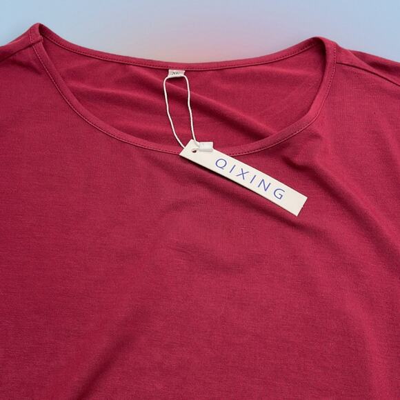 QIXING Women’s XL Red Lace Bottom Short Sleeve Top - Picture 2 of 3